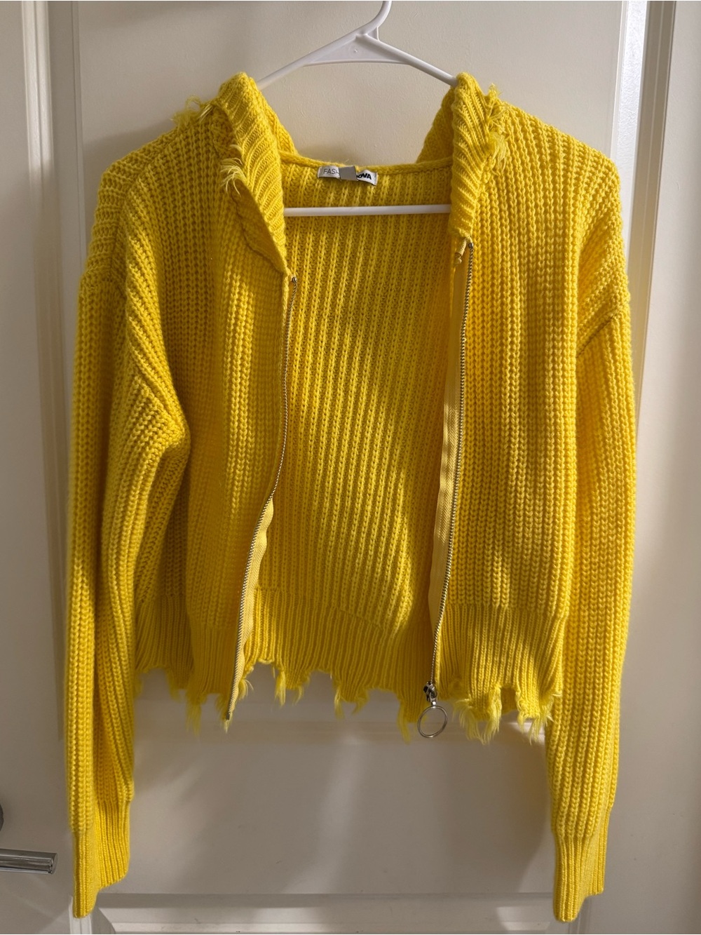 Fashion Nova Bright Yellow Distressed Zip-Up Sweater